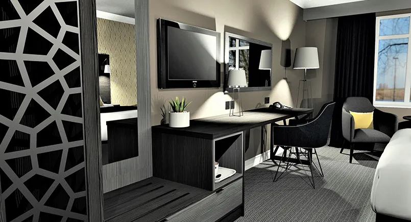 Mia corporate hotel bedroom design with contrasting dark and light casegoods