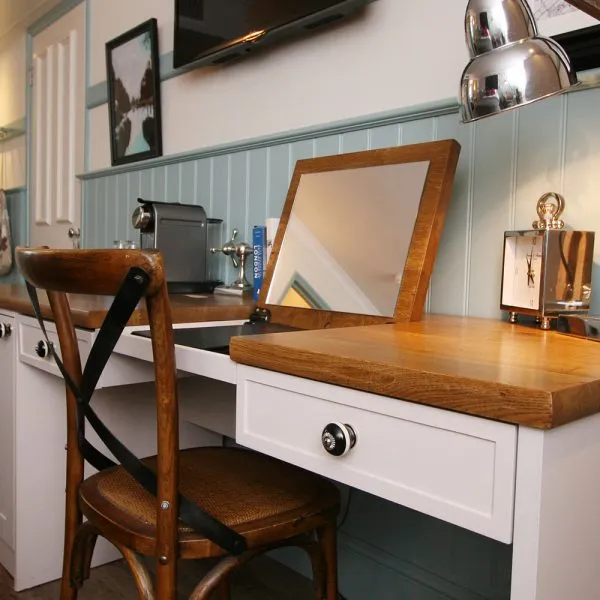 White and Pine Bespoke Desk with Integrated Mirror