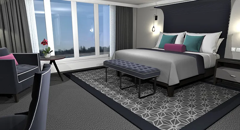 Rosa luxury hotel bedroom design in blue tones with large upholstered headboard