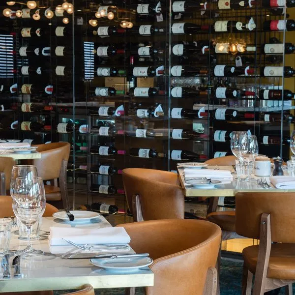 large restaurant wine wall in glass and metal