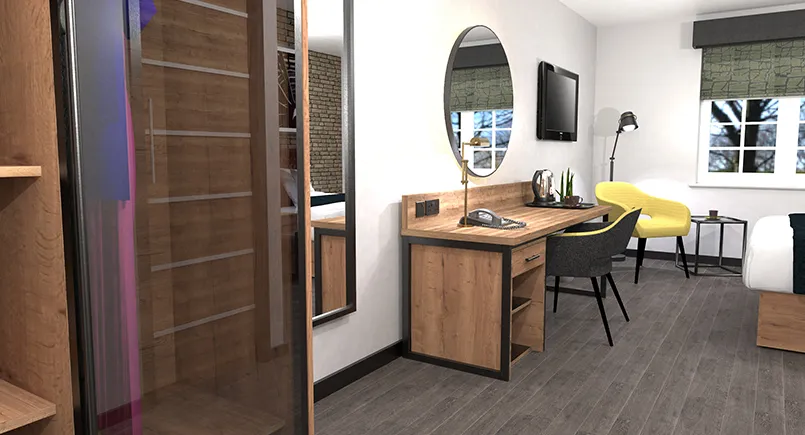 Noah industrial hotel bedroom design with rustic wood effect and black powder coated metal work