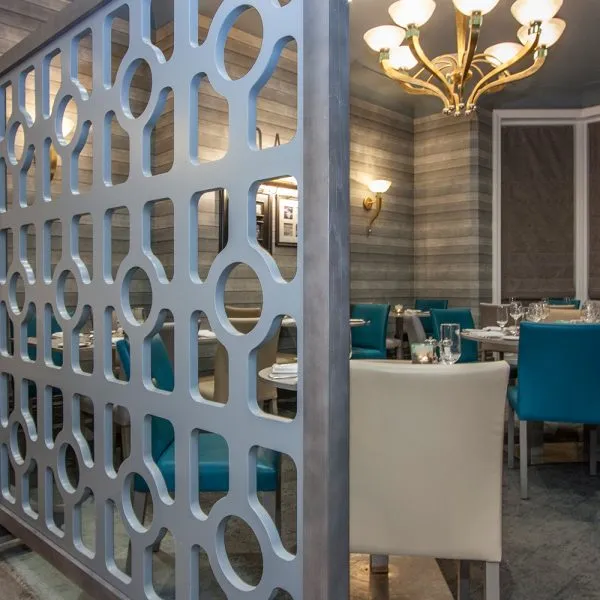 movable wooden and upholstered restaurant screen